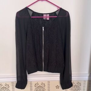 Love on a Hanger Long Sleeve M Lace Full Zip Up Jacket Black Sheer Sleeves